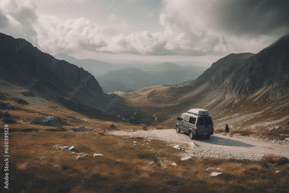 A Campervan Adventure in Mountain Scenery. Campervan journeying through the majestic mountains, with breathtaking natural scenery. Ai generated A Campervan Adventure in Mountain Scenery. Campervan journeying through the majestic mountains, with breathtaking natural scenery. Ai generated