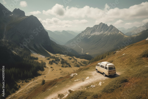 A Campervan Adventure in Mountain Scenery. Campervan journeying through the majestic mountains, with breathtaking natural scenery. Ai generated © twindesigner