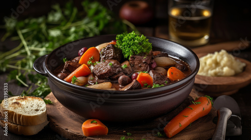 Beef Bourguignon - French stew with beef, red wine, and vegetables. Generative AI Art Illustration