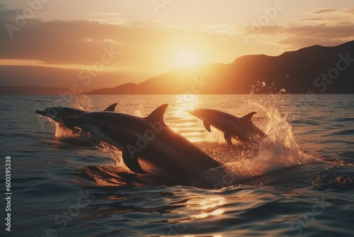 Leap of Freedom: Dolphins Jumping out of the Ocean at Sunset. Ai generated © twindesigner