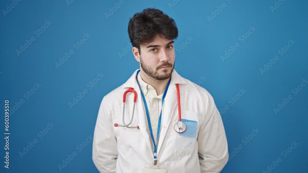 Young hispanic man doctor saying no with finger over isolated blue background Young hispanic man doctor saying no with finger over isolated blue background