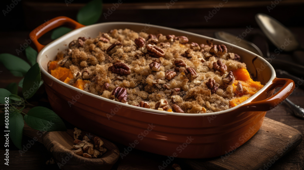 Sweet potato casserole: A Southern American side dish made with mashed sweet potatoes, topped with a pecan and brown sugar streusel, and baked in the oven. Generative AI Art Illustration Sweet potato casserole: A Southern American side dish made with mashed sweet potatoes, topped with a pecan and brown sugar streusel, and baked in the oven. Generative AI Art Illustration