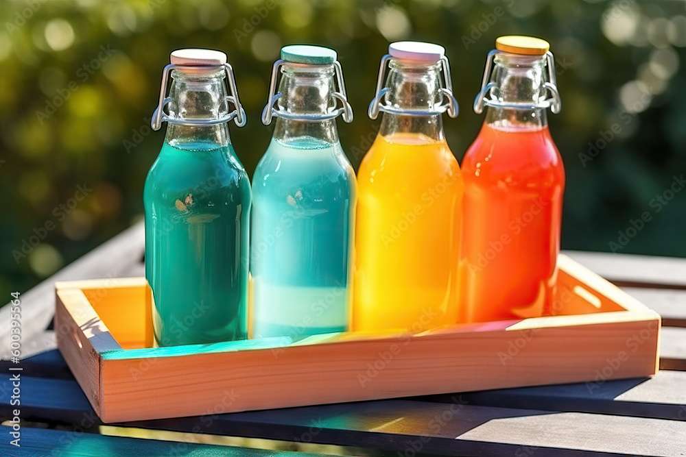 Glass bottles of freshly squeezed juice with no waste. Generative AI Glass bottles of freshly squeezed juice with no waste. Generative AI