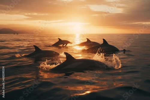 Leap of Freedom: Dolphins Jumping out of the Ocean at Sunset. Ai generated © twindesigner