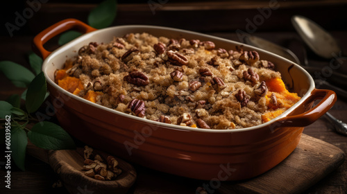 Sweet potato casserole: A Southern American side dish made with mashed sweet potatoes, topped with a pecan and brown sugar streusel, and baked in the oven. Generative AI Art Illustration
