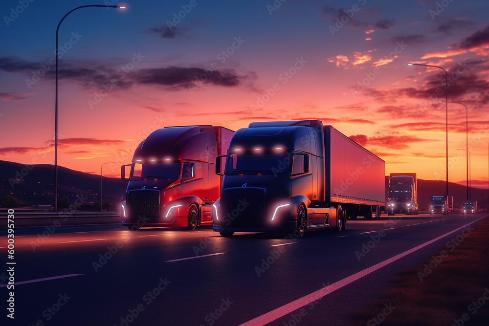 A Futuristic Electric Truck on the Highway at Sunset, embodying the promise of sustainable transportation. Ai generated A Futuristic Electric Truck on the Highway at Sunset, embodying the promise of sustainable transportation. Ai generated