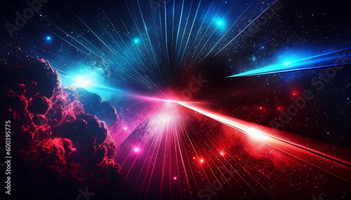 Vibrant cosmic background with colorful red and blue laser lights, Generative AI
