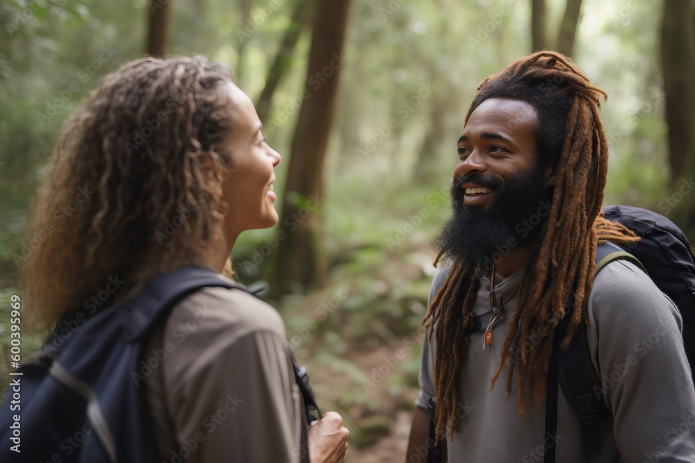 Mixed race couple of hikers walking by forest,. Generative ai Mixed race couple of hikers walking by forest,. Generative ai