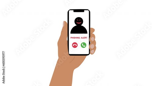 The hand holds the phone to which the call from the scammer arrives. The concept of online crime. Incoming calls, phone screen with an unknown number, picture of the scammer on the screen.