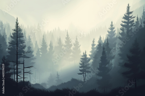 Pine Foggy Forest with a Mysterious Vibe. Misty forest of pine trees enveloped in fog, evoking a sense of mystery and intrigue. Ai generated