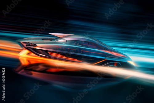 Futuristic electric speedboat cutting through the waves with motion blur, conveying a sense of speed and power. Ai generated