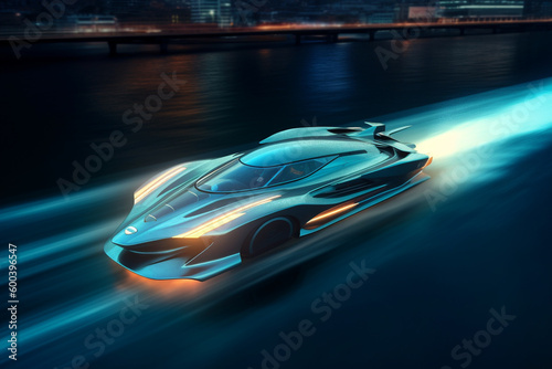 Futuristic electric speedboat cutting through the waves with motion blur  conveying a sense of speed and power. Ai generated