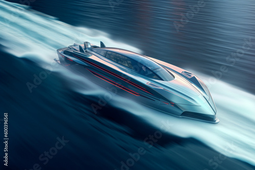Futuristic electric speedboat cutting through the waves with motion blur, conveying a sense of speed and power. Ai generated © twindesigner