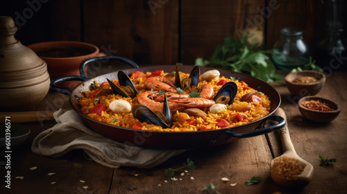 Paella - Spanish rice dish with saffron  seafood  and chicken. Generative AI Art Illustration