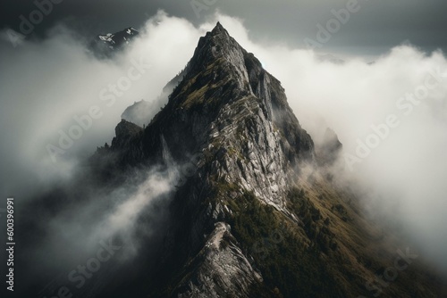 A towering summit emerging from the misty clouds below. Generative AI