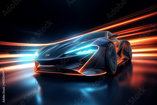 Futuristic Sport Car with Light Trails depicting speed and the beauty of modern design. Ai generated © twindesigner