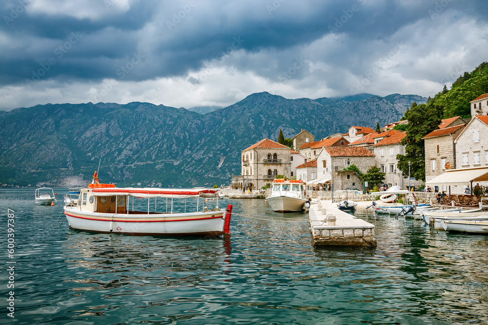 Cloudy landscape in the historic town of Perast in Bay of Kotor