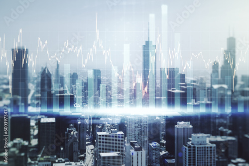 Abstract virtual financial graph hologram on Chicago skyline background, forex and investment concept. Multiexposure