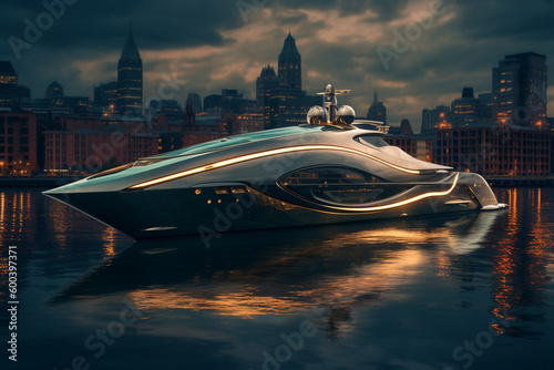 A Modern Futuristic Luxury Yacht in a Port at Sunset showcasing the opulence and sophistication of high-end marine design. Ai generated