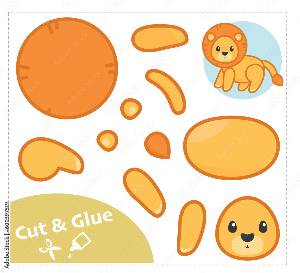 Cut and Glue Worksheet. Education paper game. Lion