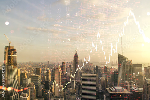Double exposure of abstract creative financial diagram and world map on New York city office buildings background, banking and accounting concept