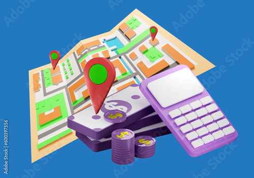 Money near map of city. Calculator and coins. Concept of renting premises. Geotagging on buildings for rent. Finding place for business. Search for buildings for rent. Real estate rental. 3d image
