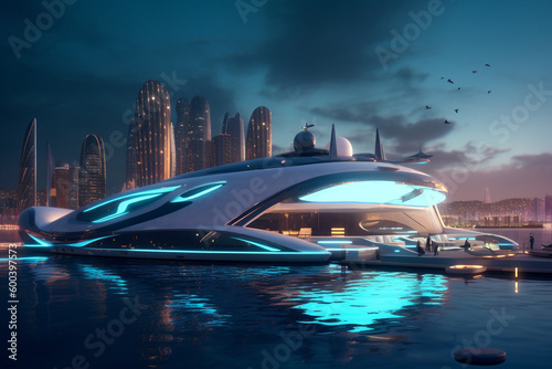 A Modern Futuristic Luxury Yacht in a Port at Sunset showcasing the opulence and sophistication of high-end marine design. Ai generated © twindesigner