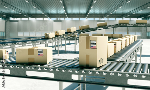 Conveyor with boxes. Parcel...