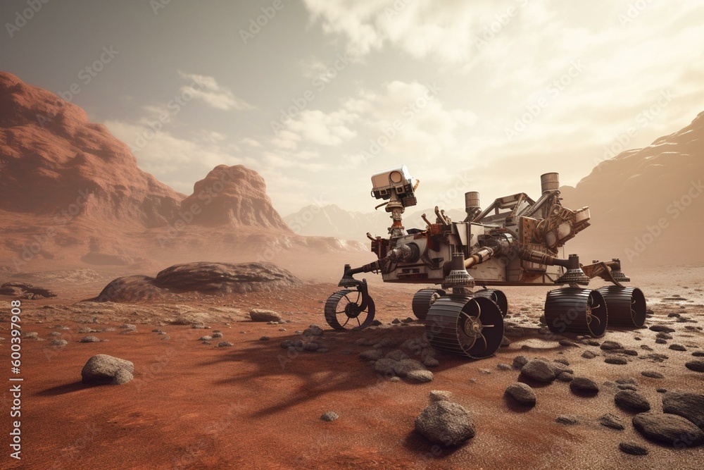 3d render of Mars rover and drone exploring the planet's surface. Illustrating space exploration, robotics and astronomy. Generative AI