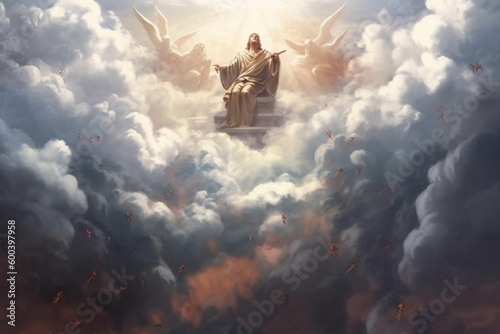 God in heaven, surrounded by clouds and rays of light. The artwork captures the majesty and grandeur of the divine presence, evoking a sense of wonder and reverence. Ai generated