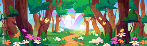 Spring landscape of forest with trees, grass and flowers. Summer park with green plants, butterflies, path, fields and rainbow in sky, vector cartoon illustration