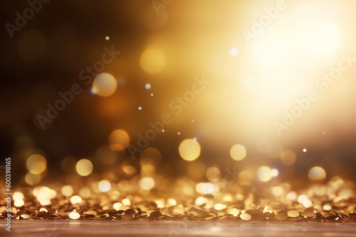 Golden background with bokeh and glitter particles, creating a dreamy and magical atmosphere. Ai generated