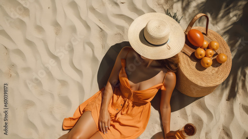  Summer Sun-kissed Vacation. A tropical-themed background featuring a beautiful woman relaxing on a lounge chair and applying sunscreen. Top view, and luxurious concept with copy space. AI Generative.