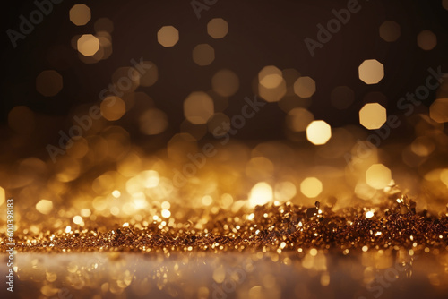 Golden background with bokeh and glitter particles, creating a dreamy and magical atmosphere. Ai generated © twindesigner