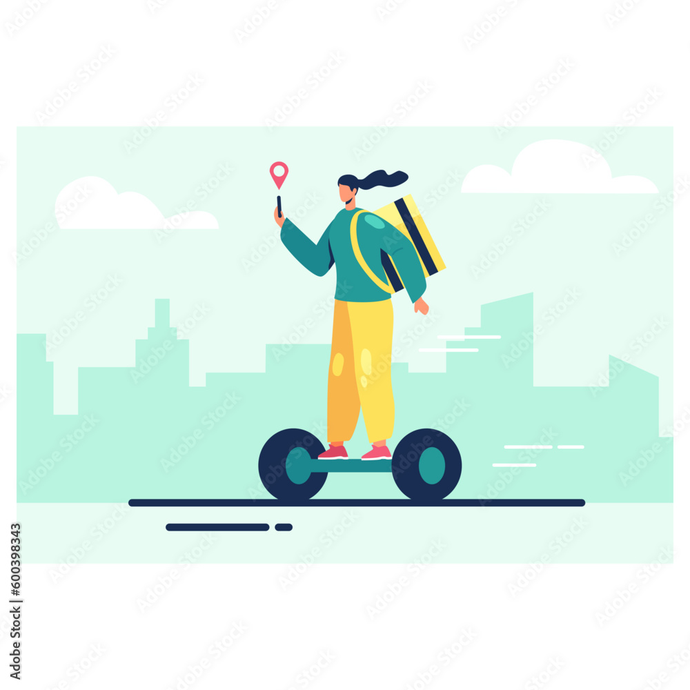 Modern fast delivery. Courier girl is in hurry to deliver order to address