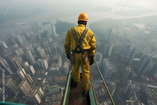 worker secured with a safety harness, standing on top of a very tall building. looking down at the bustling city below. generative AI