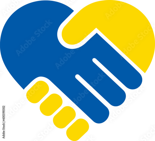 Ukrainian flag colors icon of handshake in the form of a heart as a concept of trust and support