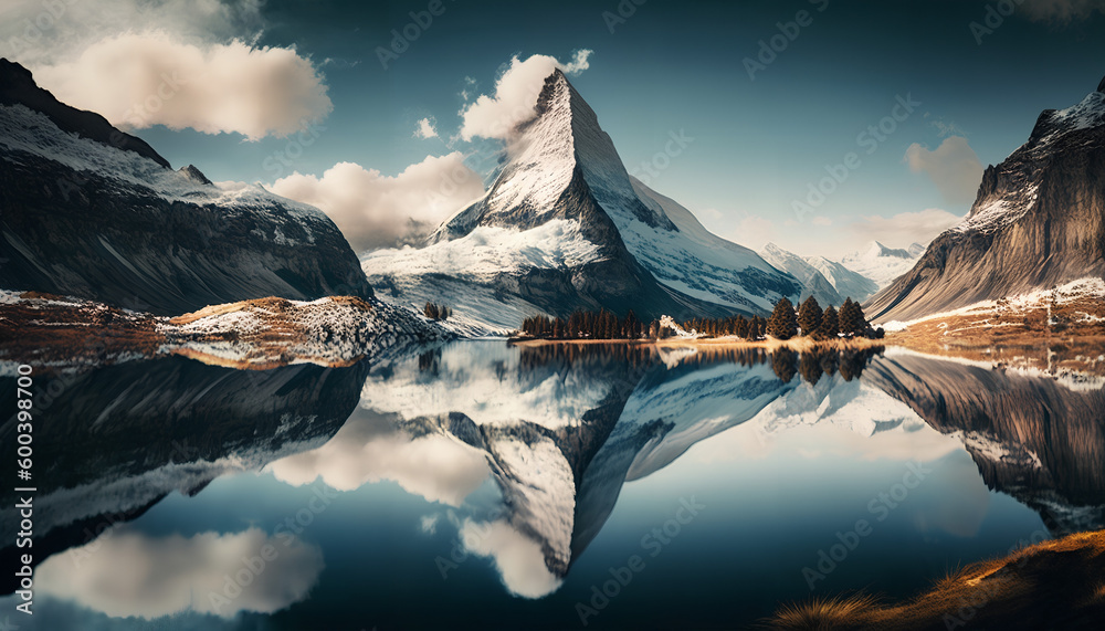 A mountain is reflected in a lake with a cloudy sky.

