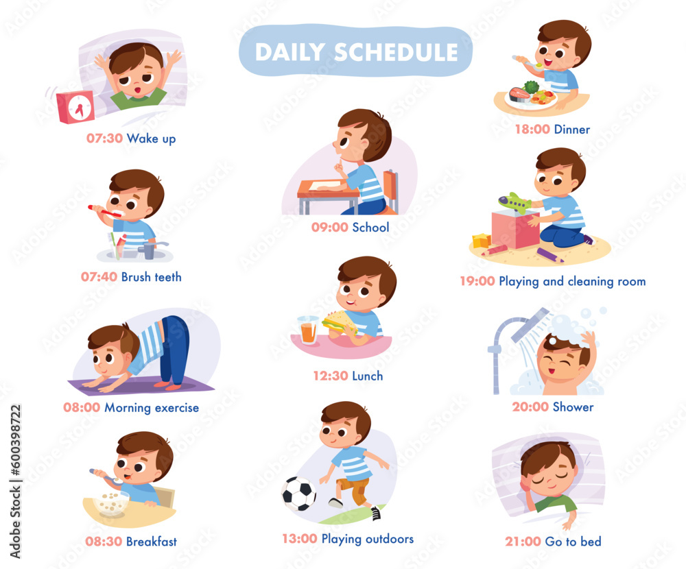 Boy establishing a successful daily routine. Kid accomplishes his tasks: wakes up, brushes teeth, having breakfast, going to school, playing outdoors, playing at home, going to bed, take shower Boy establishing a successful daily routine. Kid accomplishes his tasks: wakes up, brushes teeth, having breakfast, going to school, playing outdoors, playing at home, going to bed, take shower