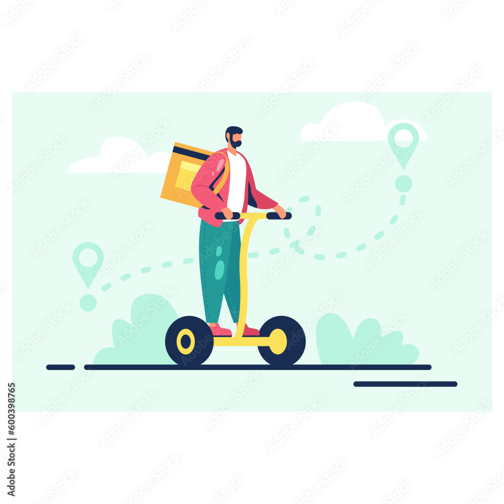 Delivery of orders by modern transport. Male courier carries package around city on gyroscooter Delivery of orders by modern transport. Male courier carries package around city on gyroscooter