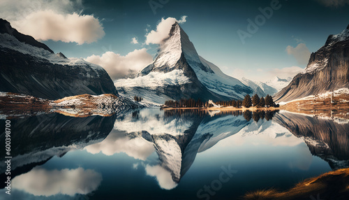 A mountain is reflected in a lake with a cloudy sky. 