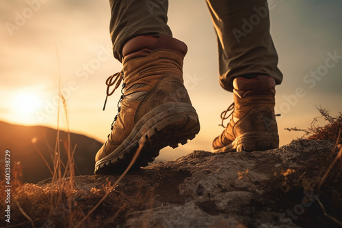 Detailed shot of hiker boots walking on a mountain trail at sunset. The image captures the spirit of adventure and exploration. Ai generated