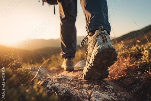 Detailed shot of hiker boots walking on a mountain trail at sunset. The image captures the spirit of adventure and exploration. Ai generated