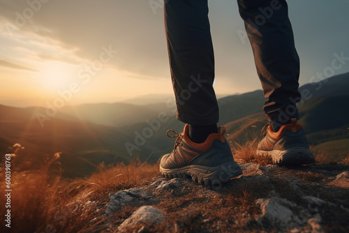 Detailed shot of hiker boots walking on a mountain trail at sunset. The image captures the spirit of adventure and exploration. Ai generated