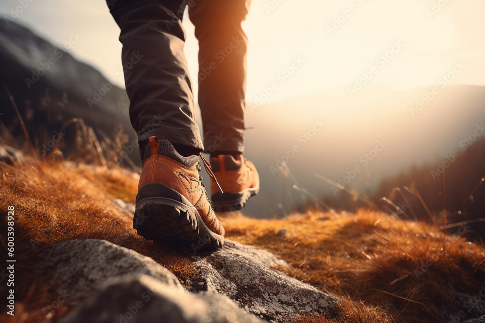 Detailed shot of hiker boots walking on a mountain trail at sunset. The image captures the spirit of adventure and exploration. Ai generated Detailed shot of hiker boots walking on a mountain trail at sunset. The image captures the spirit of adventure and exploration. Ai generated