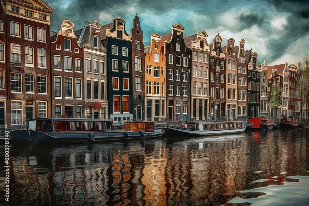 Contemporary oil painting of historic Amsterdam, available as wall poster or canvas print. Ideal for travel postcards and stationery design. Generative AI
