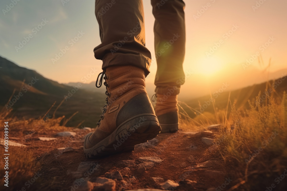 Detailed shot of hiker boots walking on a mountain trail at sunset. The image captures the spirit of adventure and exploration. Ai generated Detailed shot of hiker boots walking on a mountain trail at sunset. The image captures the spirit of adventure and exploration. Ai generated