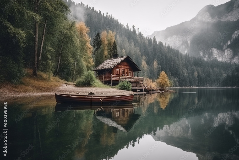 Fototapeta premium Peaceful and calming lakeside retreat featuring a wooden house surrounded by the still waters of a lake. Ai generated