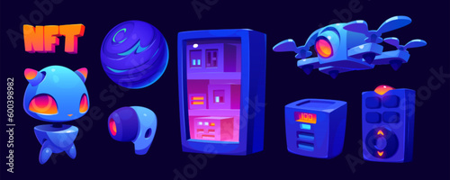 Future digital technologies concept. Smart robot, virtual reality, network system, data server, NFT, drone and remote controller isolated on background, vector cartoon set