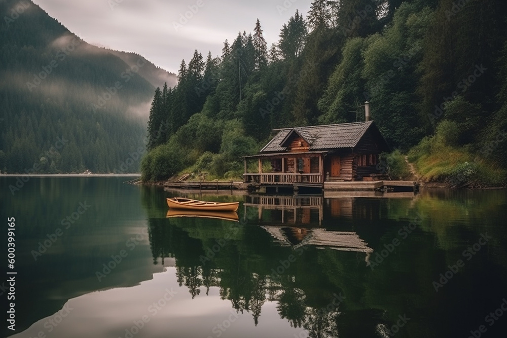 Obraz premium Peaceful and calming lakeside retreat featuring a wooden house surrounded by the still waters of a lake. Ai generated